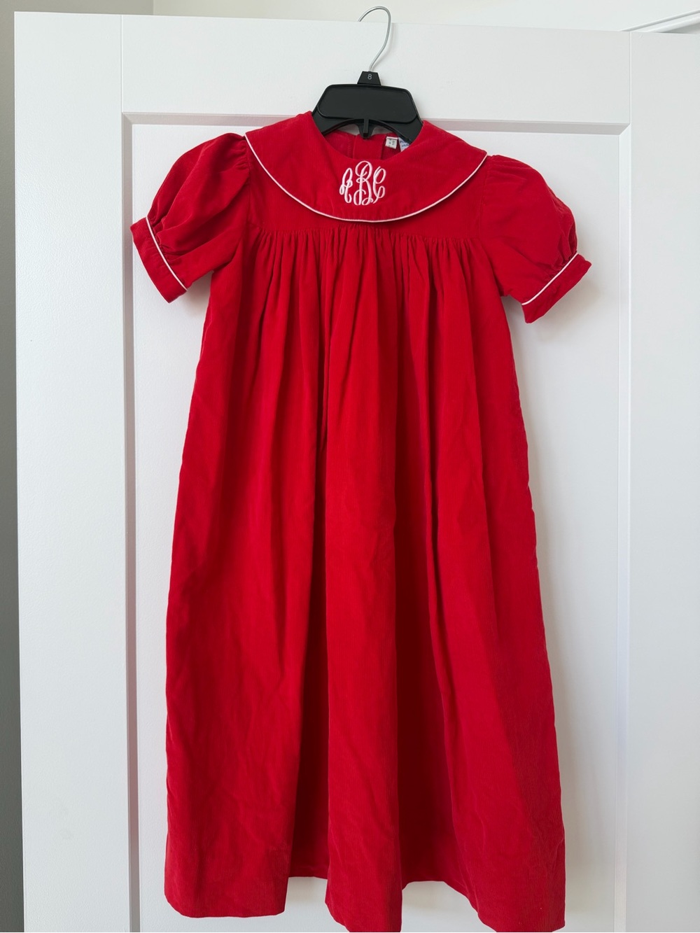 Girls' Pollilops Red “ABC” Monogrammed Fine-Wale Corduroy Dress with Peter Pan